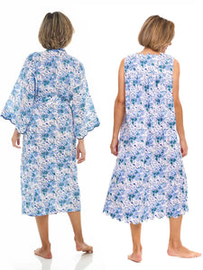 Blue Floral Bundle: Kimono Robe + Gathered Nightgown