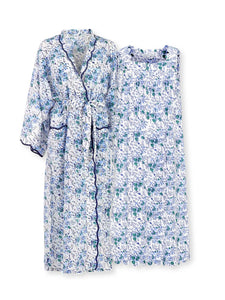 Blue Floral Bundle: Kimono Robe + Gathered Nightgown